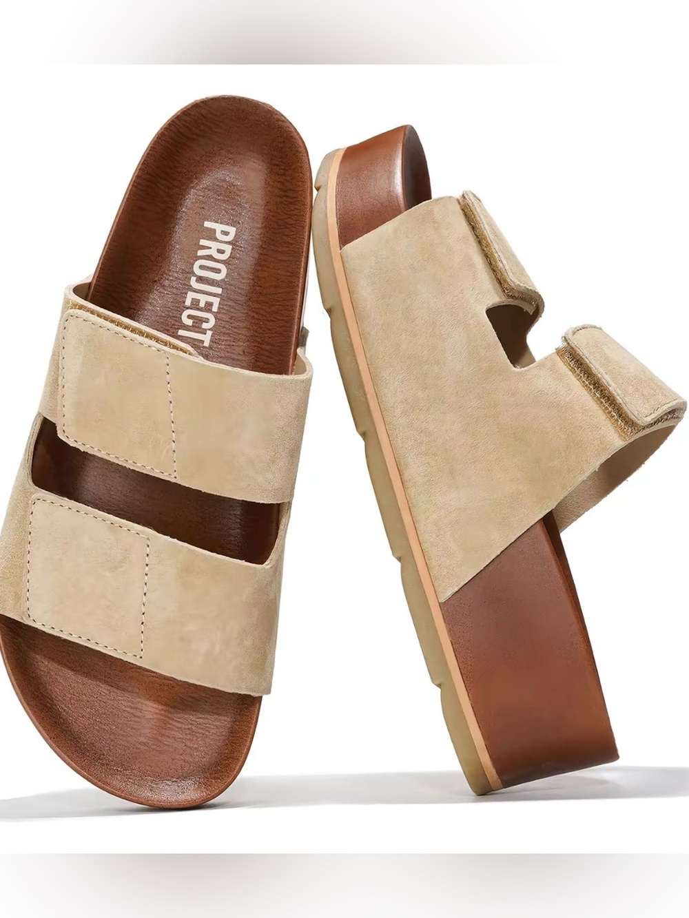Project Cloud Beige Suede Double-Strap Slide Sandal Sz 7